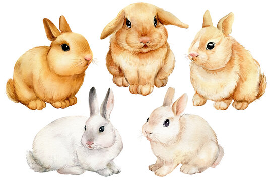  Set of cute bunnies painted in watercolor, beautiful bunny.