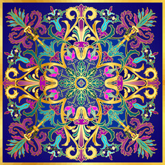 Colorful vector antique Roman, empire or baroque style seamless textile pattern with flowers and ornamental motifs in deep blue, green, emerald, turquoise, purple, gold colors