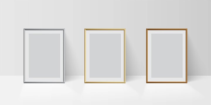 Frame for picture on podium set. Silver, golden and bronze frames on white background. Blank space for picture, painting, card or photo. 3d realistic modern template vector illustration