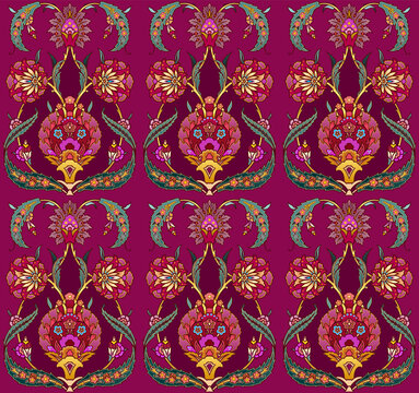 Seamless vector luxurious floral ornate persian Damask style vintage boho textile pattern in deep purple, red and gold colors for custom print and design