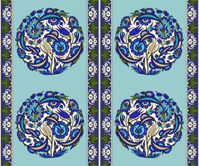 Seamless Uzbek, Persian, Turk, Middle Asian and Arabian islamic vector decorative pattern, damask ornate boho style vintage ornaments in deep blue, turquoise  and green colors on turquoise background.