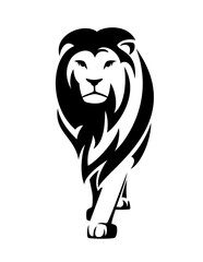 standing african lion with big mane en face portrait - wild big cat black and white vector design