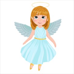 Cute cartoon angel girl in a blue dress. Wings and halo. child dancing ballet dressed as an angel. Vector illustration isolated on white background.