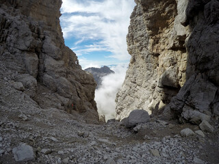 View through rocks in the Dolomites