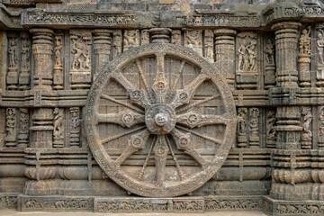 Detail of the Sun Temple was built in the 13th century and designed as a gigantic chariot of the Sun God, Surya, in Konark, Odisha, India.