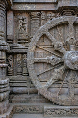 Detail of the Sun Temple was built in the 13th century and designed as a gigantic chariot of the Sun God, Surya, in Konark, Odisha, India.