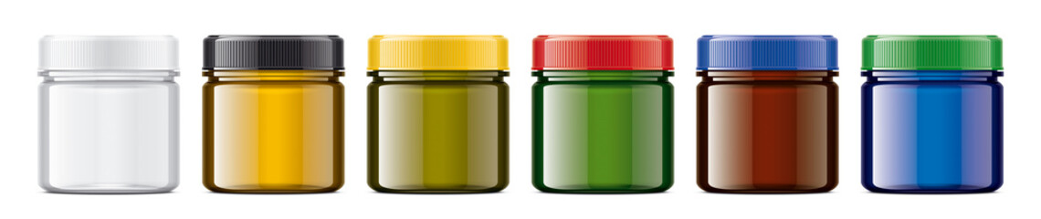 Set of Colored Transparent Plastic Jars. 