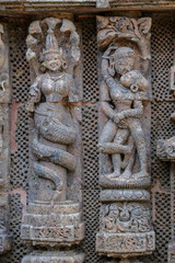 Detail of the Sun Temple was built in the 13th century and designed as a gigantic chariot of the Sun God, Surya, in Konark, Odisha, India.