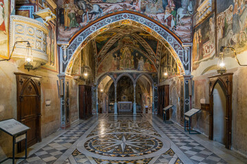 Obraz premium The marvelous frescoes in the interior of the Monastery of Sacred Cave (Sacro Speco) of Saint Benedict in Subiaco, province of Rome, Lazio, central Italy.