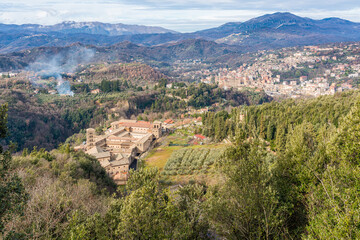 Fototapeta na wymiar Panoramic view of Santa Scolastica Monastery and Subiaco, from the Sacro Speco Monastery, Lazio, central Italy.