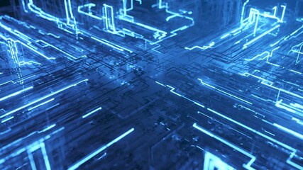 Abstract technological background from a fiber optic glowing beam spreading in the digital space. Data transmission in the futuristic industry. Colorful blue digitalization process. 3d animation - Powered by Adobe