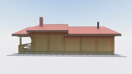 3d sketch of a wooden project of a log bath house with a terrace, a recreation room, chimneys, wide windows from the floor, a two-level roof.