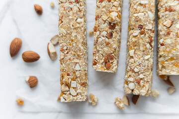 Vegan Energy Oat Bars With Apricot and Almonds, Flat Lay