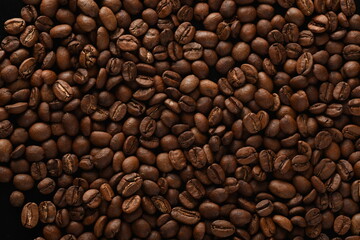 TOP VIEW: Close Up of Roasted coffee beans.
