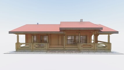 3d sketch of a wooden project of a log bath house, village with a terrace, a recreation room, chimneys, wide windows from the floor, a two-level roof.