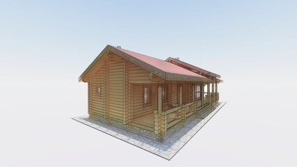 Isolated 3d sketch of a wooden project of a log bath house with a terrace, a recreation room, chimneys, wide windows from the floor, a two-level roof.