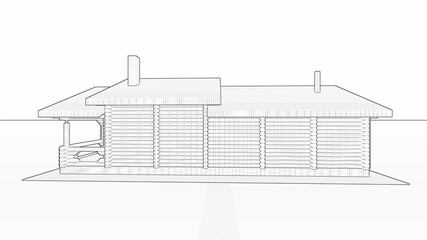 3d black-and-white sketch of a wooden project of a log bath log house with a terrace, a recreation room, chimneys, wide windows from the floor, and a two-level roof.