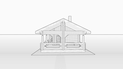 3d black-and-white sketch of a wooden project of a log bath log house with a terrace, a recreation room, chimneys, wide windows from the floor, and a two-level roof.
