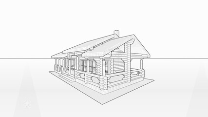 3d black-and-white sketch of a wooden project of a log bath house with a terrace, a recreation room, chimneys, wide windows from the floor, and a two-level roof.