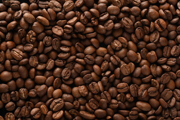 TOP VIEW: Close Up of Roasted coffee beans.
