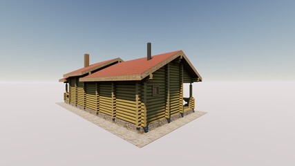 3d sketch of a wooden project of a log bath house with a terrace, a recreation room, chimneys, wide windows from the floor, a two-level roof. Color photorealistic picture