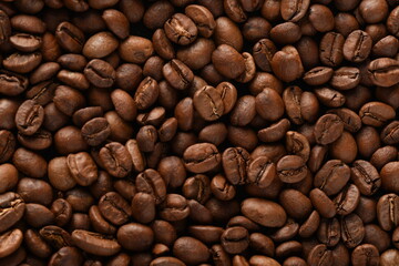 TOP VIEW: Close Up of Roasted coffee beans.
