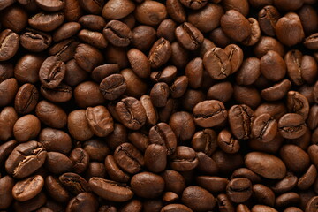 TOP VIEW: Close Up of Roasted coffee beans.
