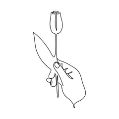 Male hand holding tulip drawn by one line on white. Vector illustration.