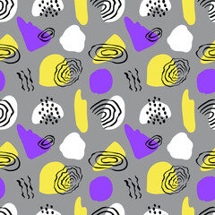 Seamless pattern with colorful abstract geometric shapes and forms. Trendy mid century minimal texture. Simple abstraction wallpaper print. On gray background.
