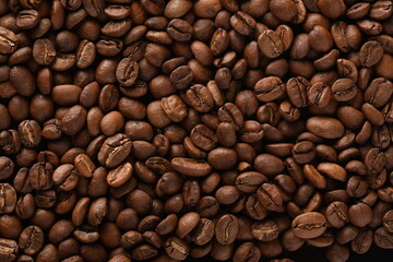TOP VIEW: Close Up of Roasted coffee beans.
