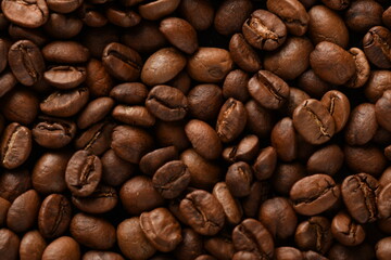 TOP VIEW: Close Up of Roasted coffee beans.
