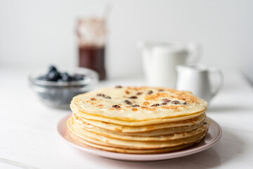 French Pancakes With Raisins served with Butter and Maple Syrup, Morning Breakfast