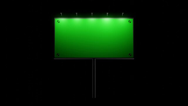 Empty billboard green screen 3d animation. 4K Billboard with lights on black background