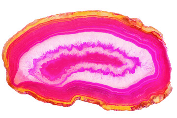 Amazing cross section of Violet Agate Crystal geode. Natural translucent agate crystal surface cut isolated on white background, Purple healing abstract structure slice mineral stone macro closeup