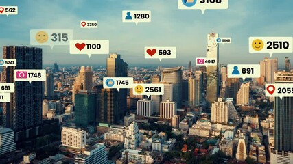 Social media icons fly over city downtown showing people engagement connection through social network application platform . Concept for online community and social media marketing strategy . - Powered by Adobe