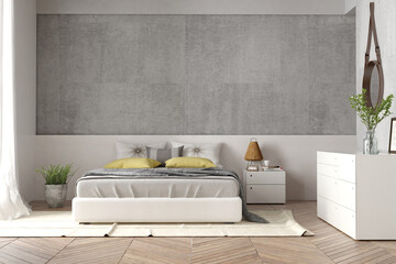 Obraz premium Modern bedroom interior with wooden decor in eco style 