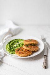 Cauliflower Potato Cakes with Parmesan Cheese and Peas Puree