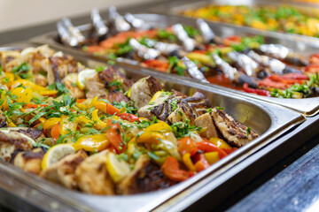 Vegetables on the open buffet. Salad bar.