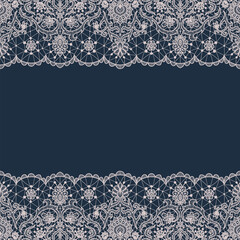 Horizontally seamless dark blue lace background with lace borders
