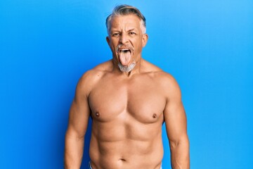 Fototapeta na wymiar Middle age grey-haired man standing shirtless sticking tongue out happy with funny expression. emotion concept.