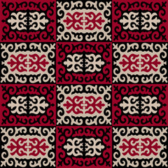 Seamless oriental Kazakh, Arabian, Uzbek style damask islamic muslim pattern in red, black and beige colors. Simple vintage boho ornament for background, textile or wallpapers.  Vector illustration.