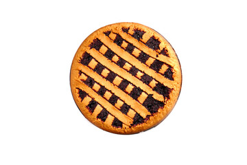 Berry pie in a baking dish on a white background, top view, isolate