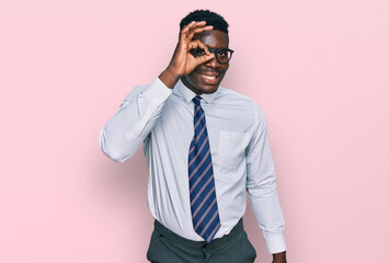 Handsome business black man wearing white shirt and tie smiling happy doing ok sign with hand on eye looking through fingers