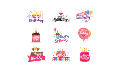 Fototapeta na wymiar Happy Birthday vector pack party celebration for men women boys girls baby children SVG design illustration colorful cakes balloons black pink v4