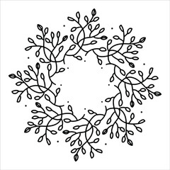 Vector hand drawn spring wreath isolated on white background. Outline circle of leaves. Doodle style. Floral frame.