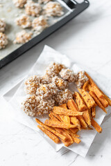 Rice Puffs Chicken Nuggets and Baked Sweet Potatoes, Flat Lay