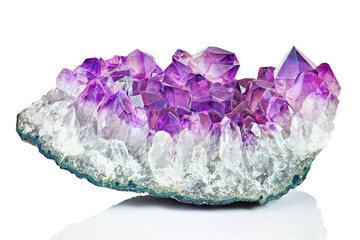 Violet Crystal Stone macro mineral. Purple rough Amethyst quartz crystals geode on white...