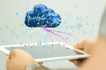 Data cloud storage network from lines, triangles and particle style design.