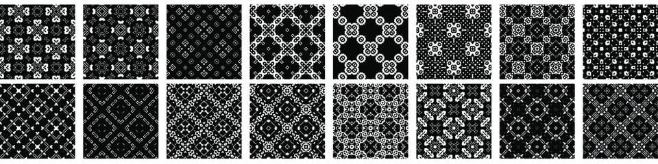 16 seamless abstract geometric patterns and designs in black and white color, monochrome. Endless texture can be used for Wallpaper, pattern fills the background of your web page, surface textures.