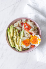 Veggie Rice With Mixed Vegetables, Avocado and Boiled Egg, Flat Lay